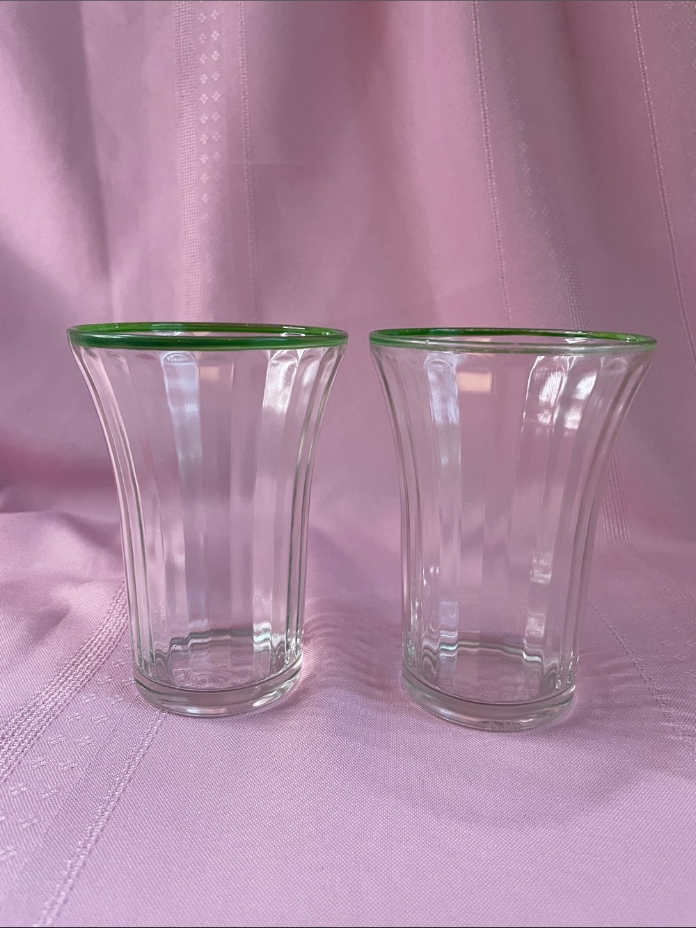 Retro Clear Ribbed Glass Tumbler with Green Rim - Set of 2